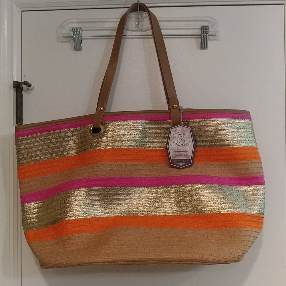 NWT Sun N Sand Large Woven Striped Tote